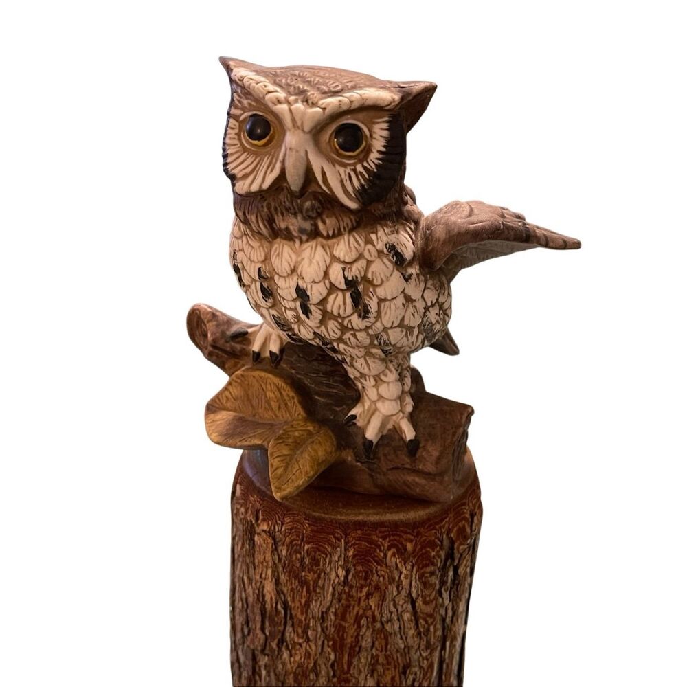 Homco Barn Owl Figurine #1114 Perched on Real Wood Branch